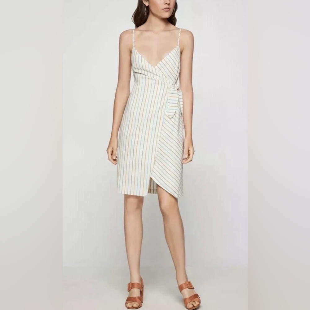 BCBGeneration Beige Striped Midi Wrap Dress Medium - Picture 15 of 16